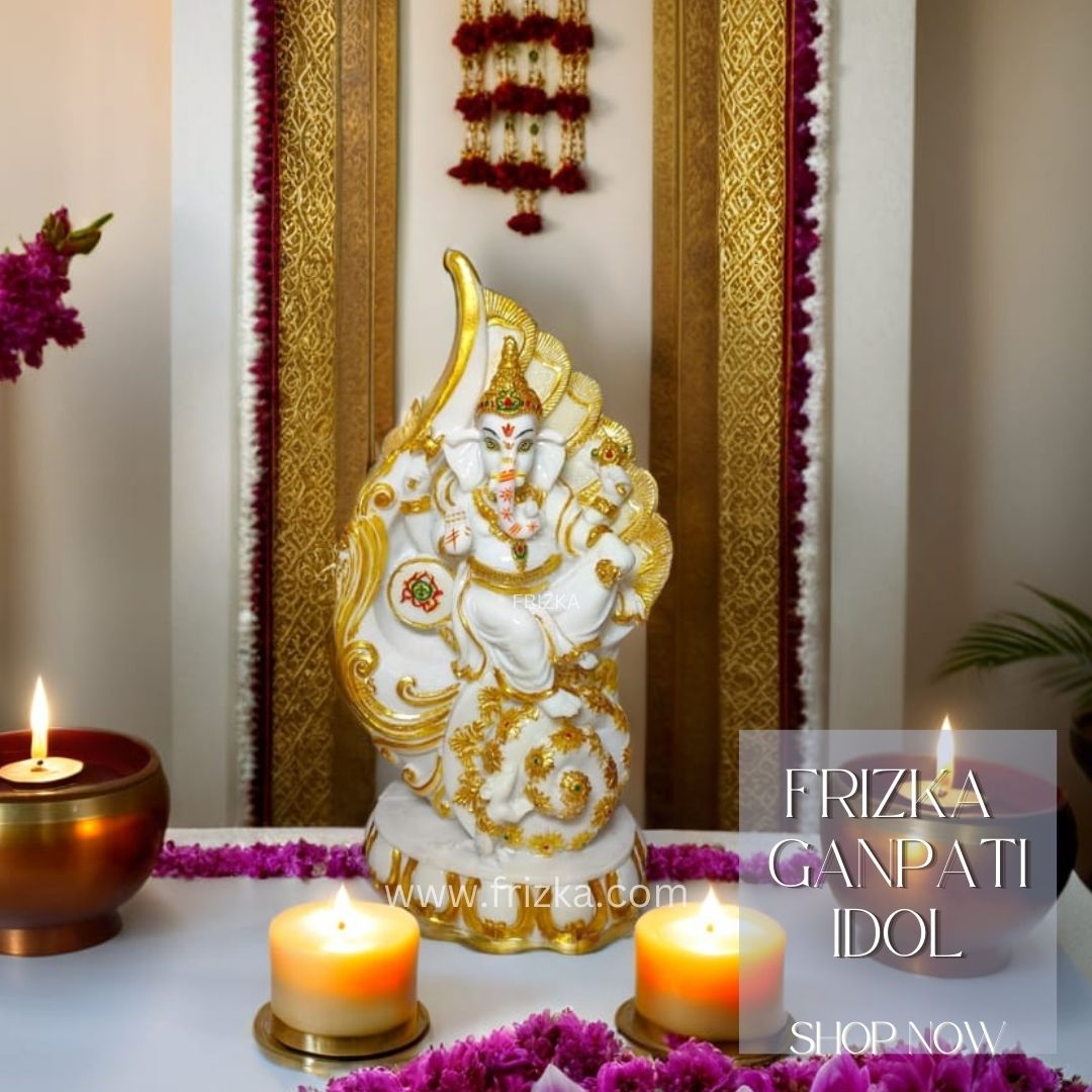 FRIZKA Shankh Ganesha Statue Showpiece God Idols for Gifting Home & Office Decoration Items | Return Gifts Wedding Gifts Welcome Gifts Golden (18 x 13 x 31 CM | Marble Powder Resin
