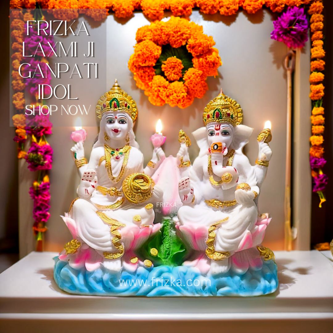 Frizka Laxmi Ganpati Marble Dust Idol/Statue, 20 cm height, Pink and White