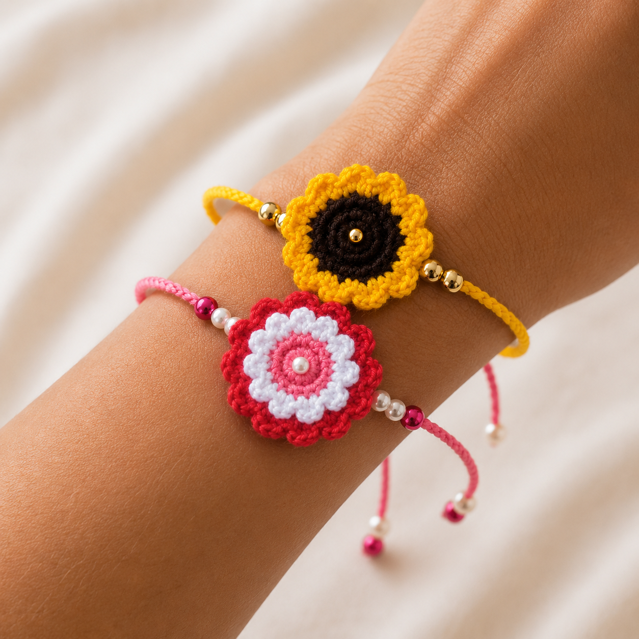 Sunflower, Pink Floral & Blue Floral Cotton Thread Rakhi