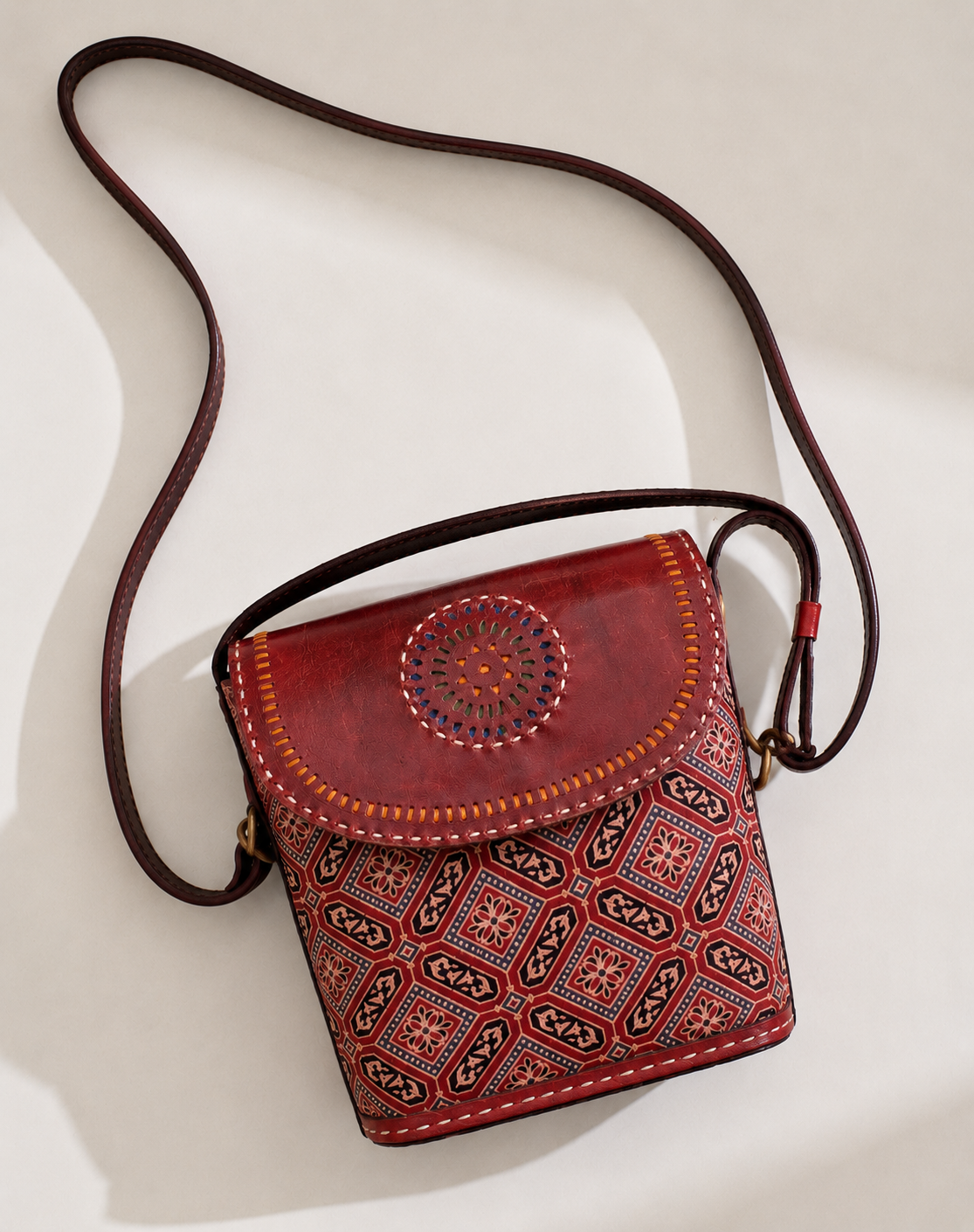Handcrafted Ajrakh Print Leather Sling Bag for Women