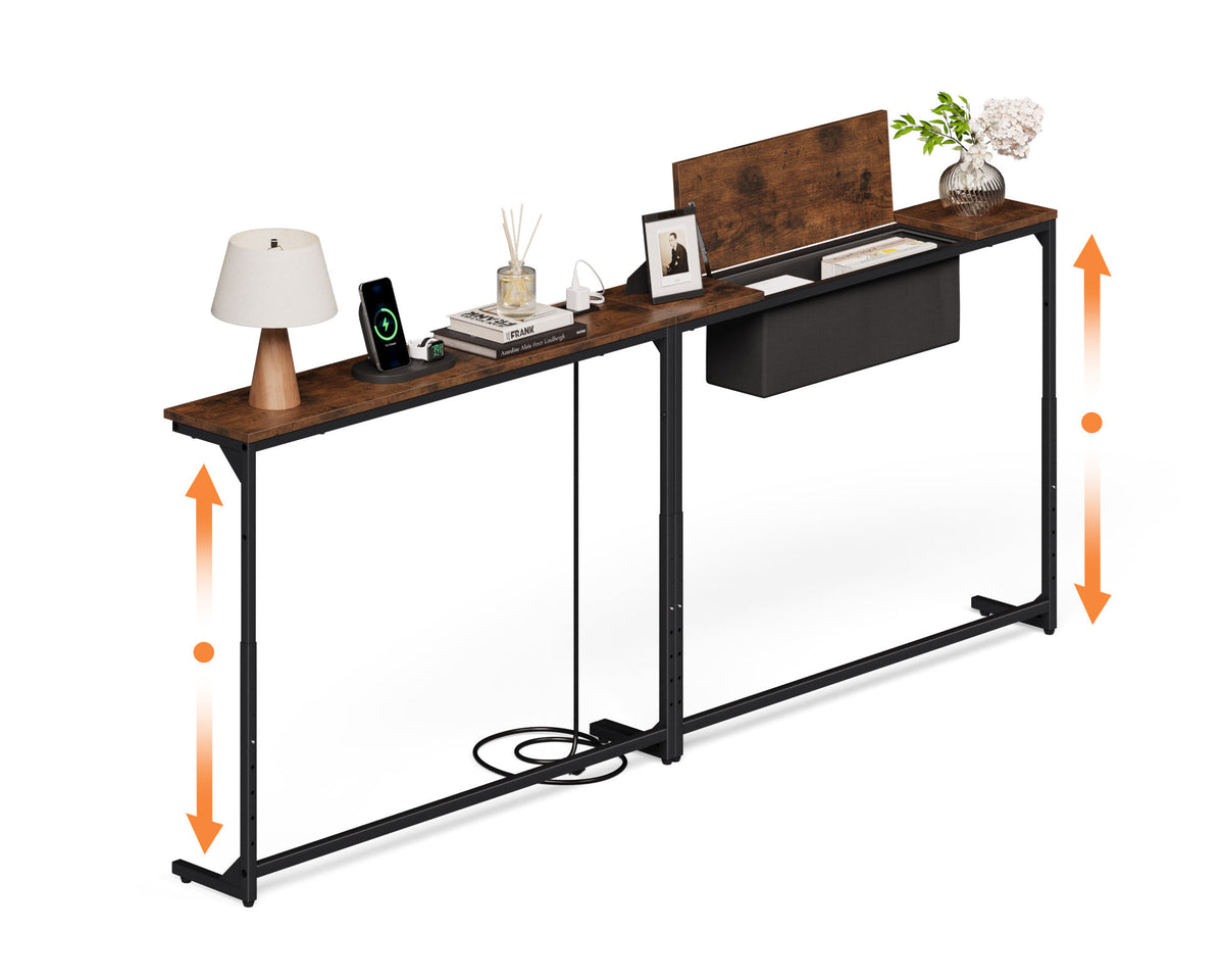 Adjustable Height Industrial Console Table with Wireless Charging & Storage