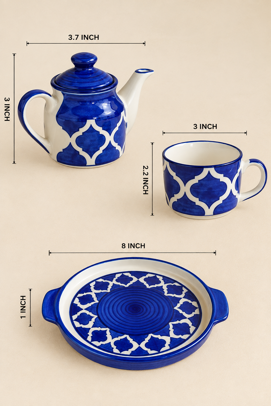 Ceramic Tea Pot Set with 2 Cups & Serving Tray