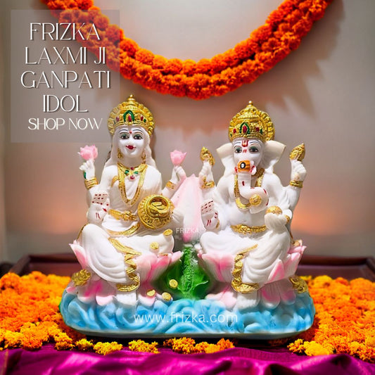 Frizka Laxmi Ganpati Marble Dust Idol/Statue, 20 cm height, Pink and White