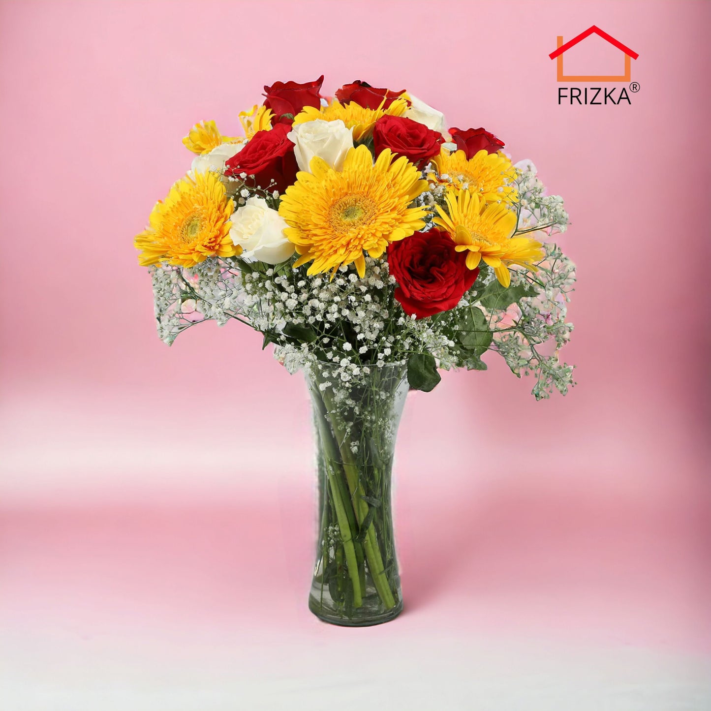 Frizka Vibrant Flowers with Transparent Vase