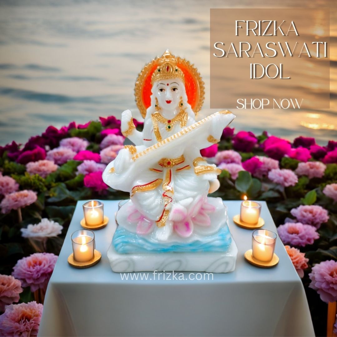 FRIZKA Saraswati mata Idol murti cultured marble Stone for home temple mandir Ghar Pooja Saraswati Statue Office Gift Statue- 7 Inch