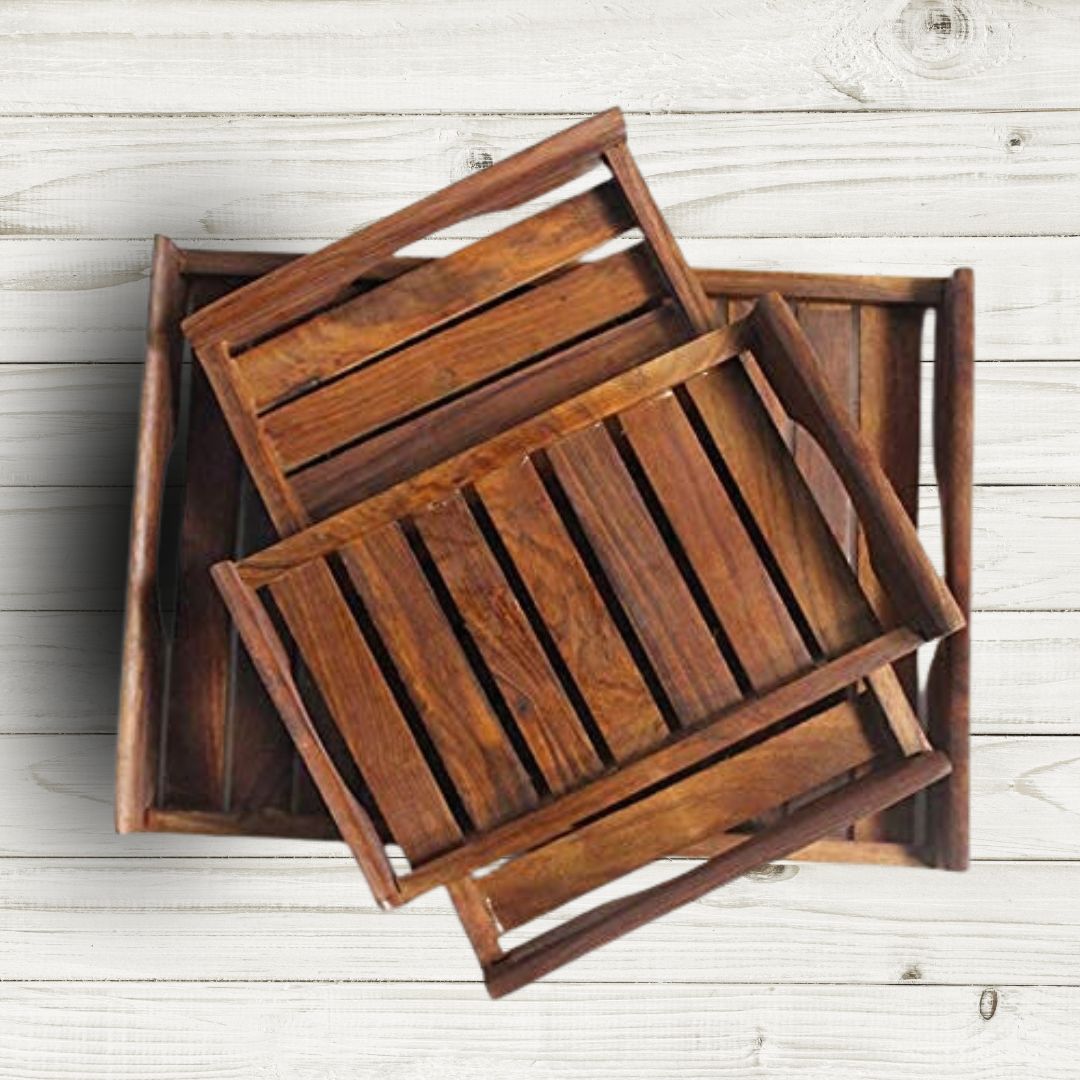 Wooden Handcrafted Rectangular Shaped Nesting Serving Tray with Cut Out Handles - Set of 3