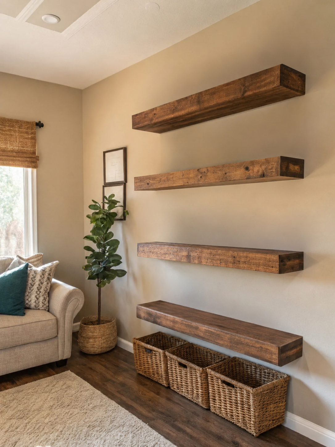 Rustic Floating Shelf Set of 4 (48-inch) with 3 Large Woven Floor Baskets | Boho Wall Storage India
