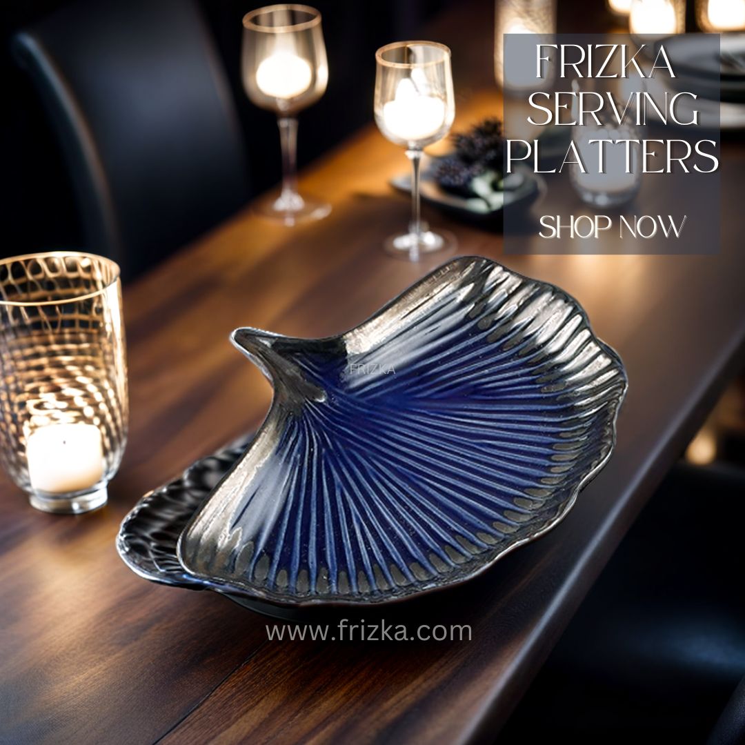 Frizka Peacock Exotic Glazed Leaf Ceramic Serving Platters for Snacks Serving Platters & Serveware 1 Piece , Microwave Safe, Dishwasher Safe) (Blue)