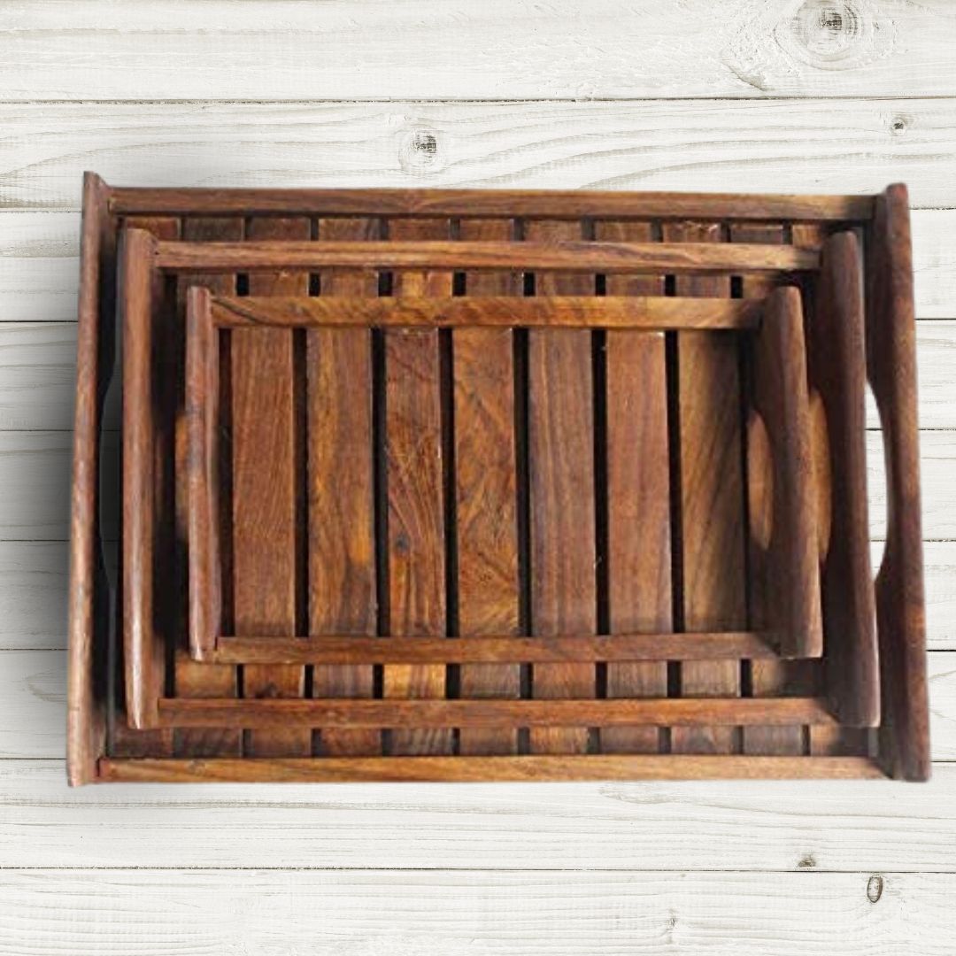 Wooden Handcrafted Rectangular Shaped Nesting Serving Tray with Cut Out Handles - Set of 3