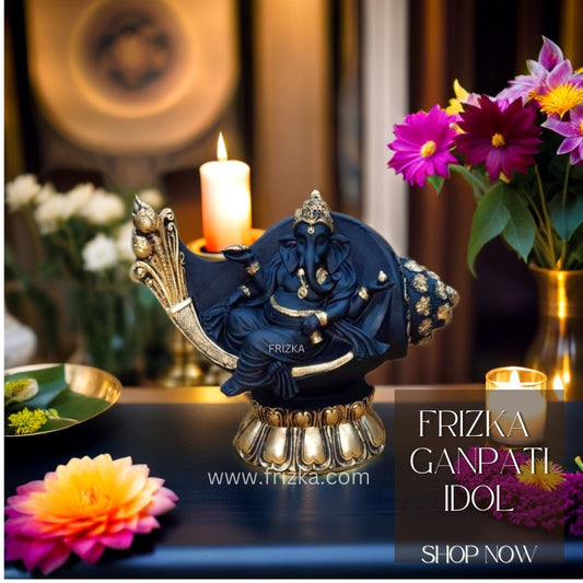 Frizka Shankh Ganesh Murti Lord Shankh Ganesh Ji Statue Hindu God Ganesha Ganpati Sitting Idol Sculpture Good Luck & Success (Black & Golden) | Decoration & Gifts 9 Inch | Black & Golden