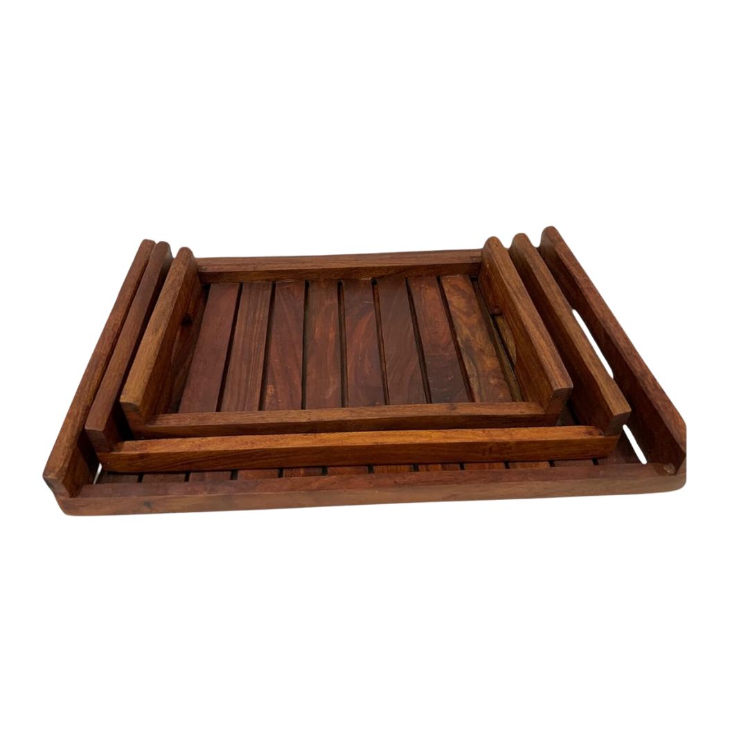 Wooden Handcrafted Rectangular Shaped Nesting Serving Tray with Cut Out Handles - Set of 3