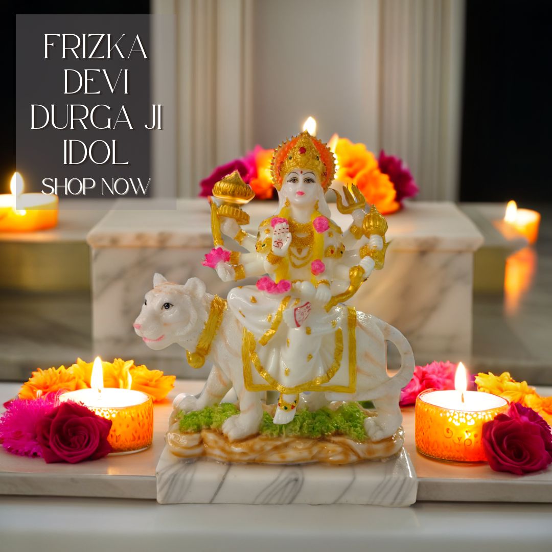 Frizka Marble Dust Ambe Maa Idol Statue | Sherawali MATA Idol, Decorative Showpiece (Marble, White)