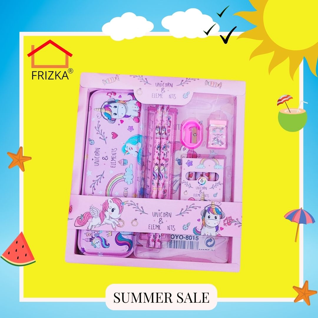 Trendy Decent Latest Theme Girls unicorn Theme Imported Pencil Box Set Stationery Combo Metal Geometry Pencil Box 1 Ruler Scale Pencil Sharpner Eraser 2 pencils & 6 Crayon Colors Set
