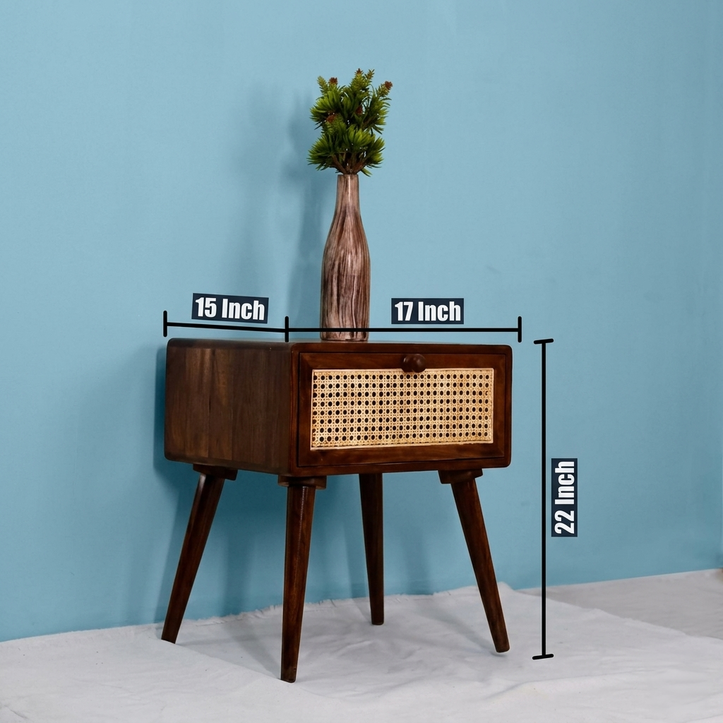 Walnut Rattan Solid Mango Wood Bedside End Table with Storage Drawer