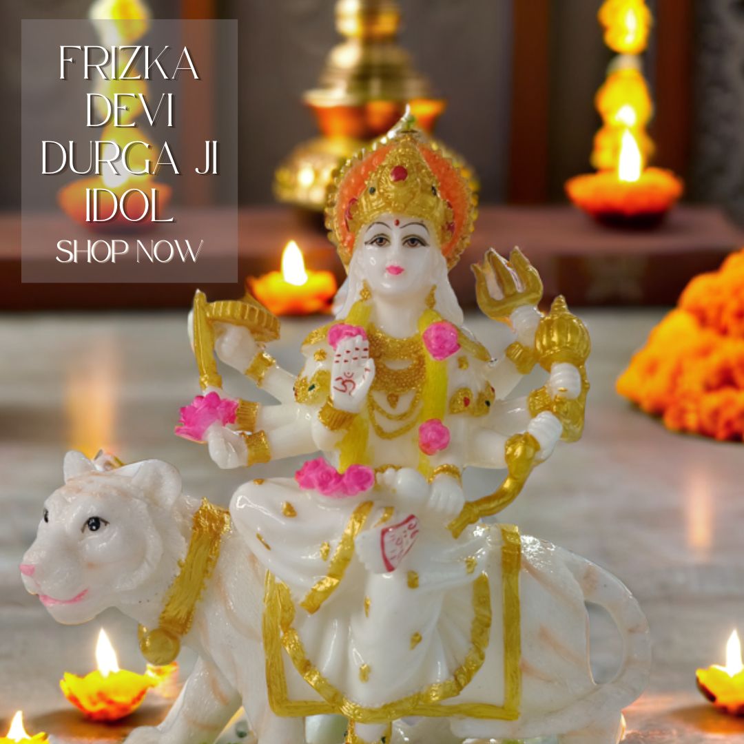 Frizka Marble Dust Ambe Maa Idol Statue | Sherawali MATA Idol, Decorative Showpiece (Marble, White)
