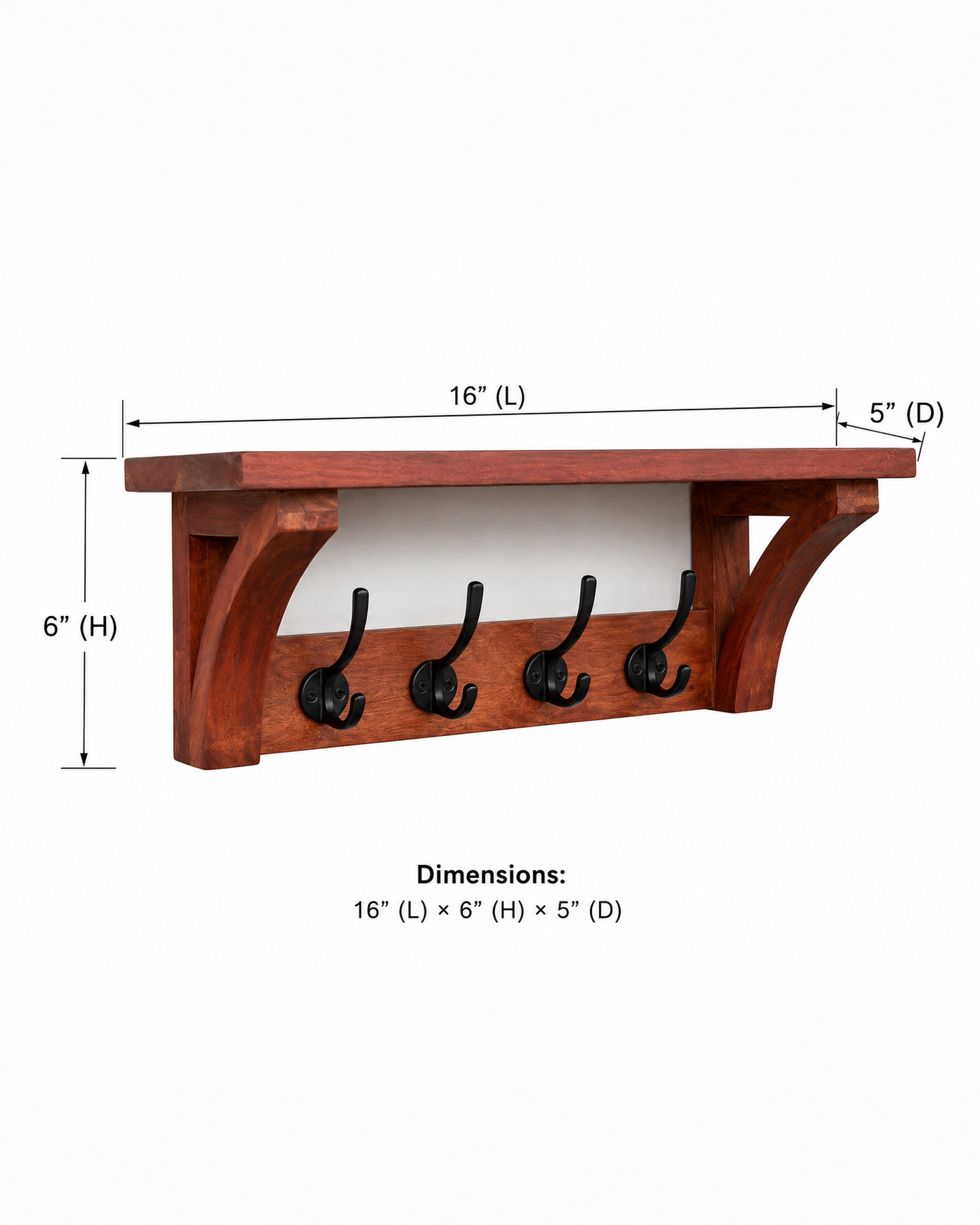Solid Mango Wood Wall Mounted Shelf with 4 Metal Hooks