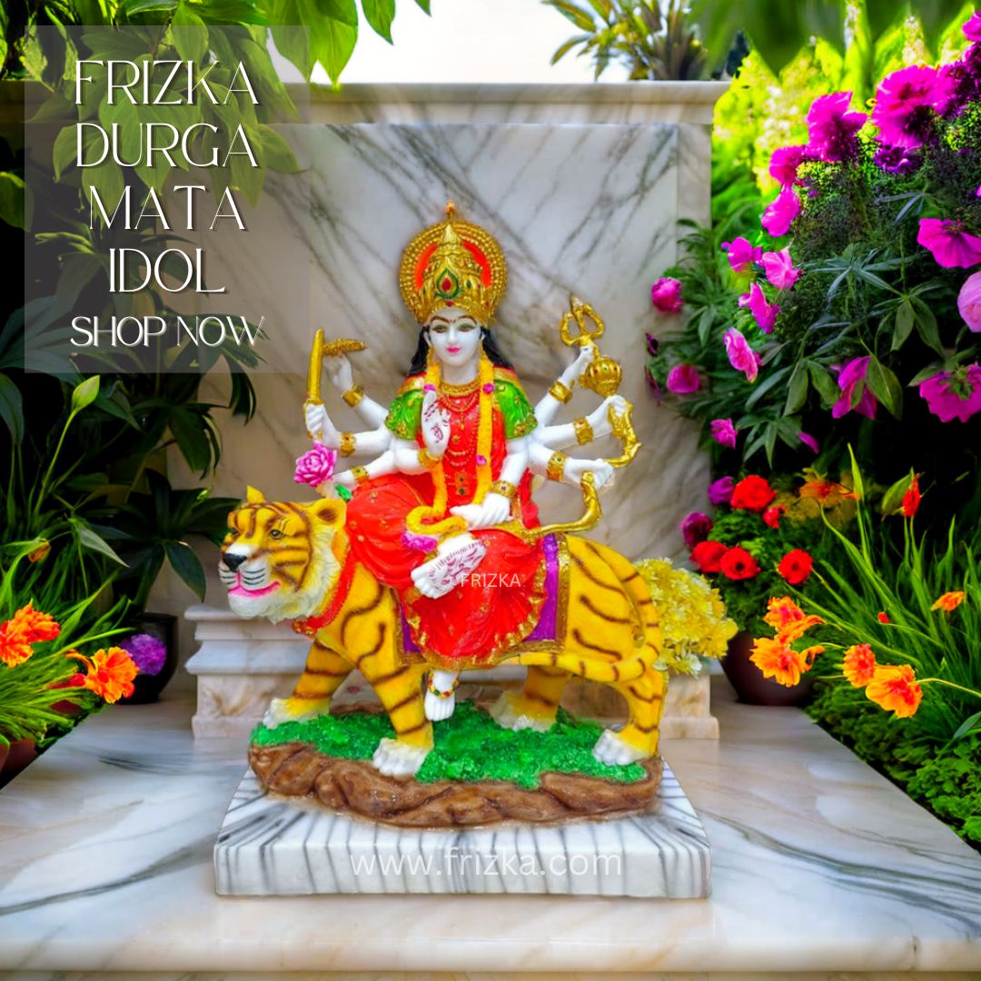 Frizka Marble Dust Ambe Maa Idol Statue | Sherawali Mata Idol, Decorative Showpiece (Marble))