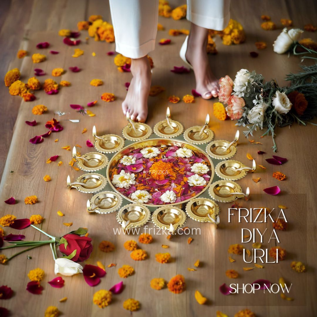 Frizka Premium Diya Shape Gold Plated Decorative Urli Bowl with Wax Candle for Home Decor Handcrafted Bowl Floating Flowers and Tea Light Candles for Diwali Decoration Items (14.17 Inches) - 1 Piece