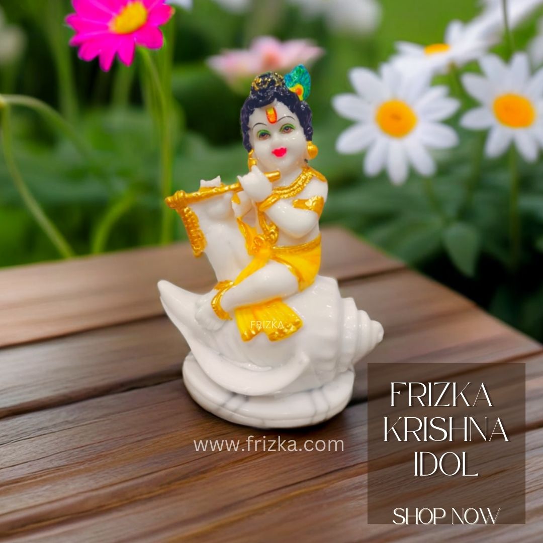 Frizka Shankh Krishna Idol Sitting On Conch Shell Playing Flute-Height-5 Inches For Home Decoration-Multicolor-Marble dust Idols & Figurines