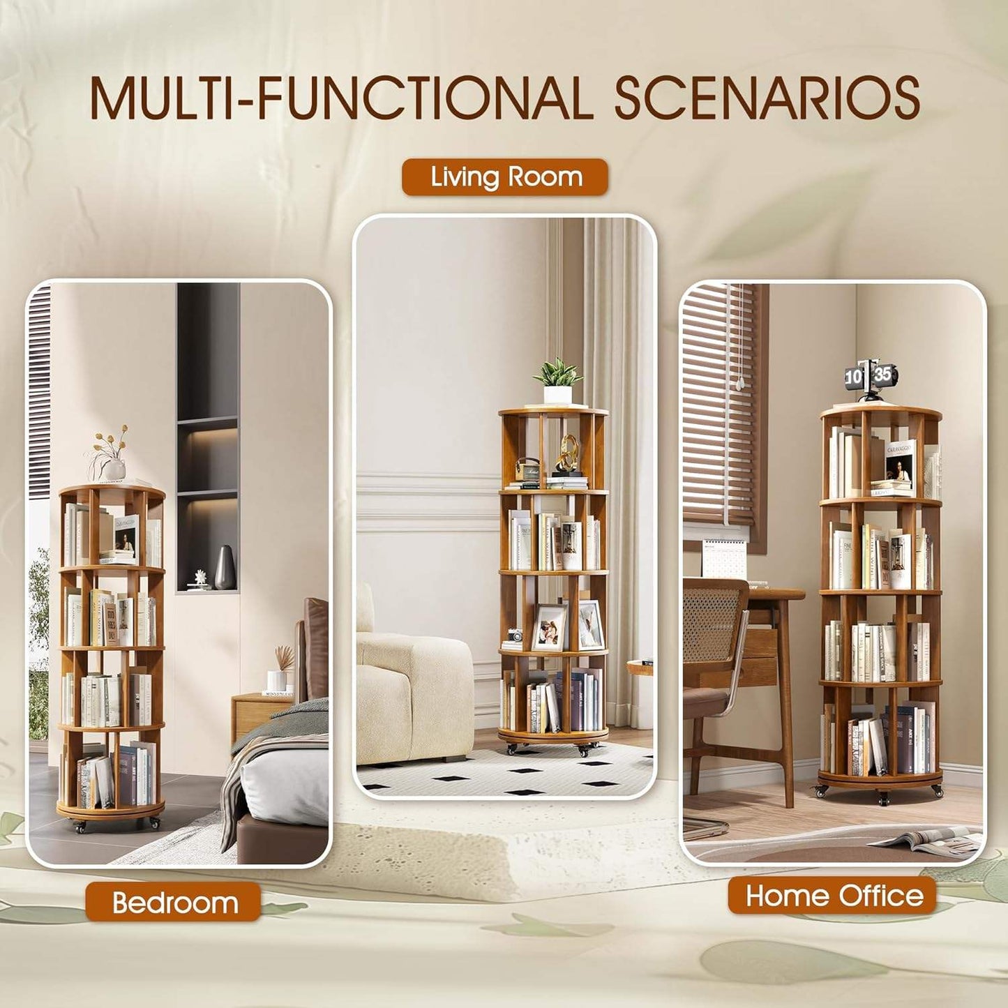 Living Room 360° Rotating Bookshelf Tower with Lockable Wheels