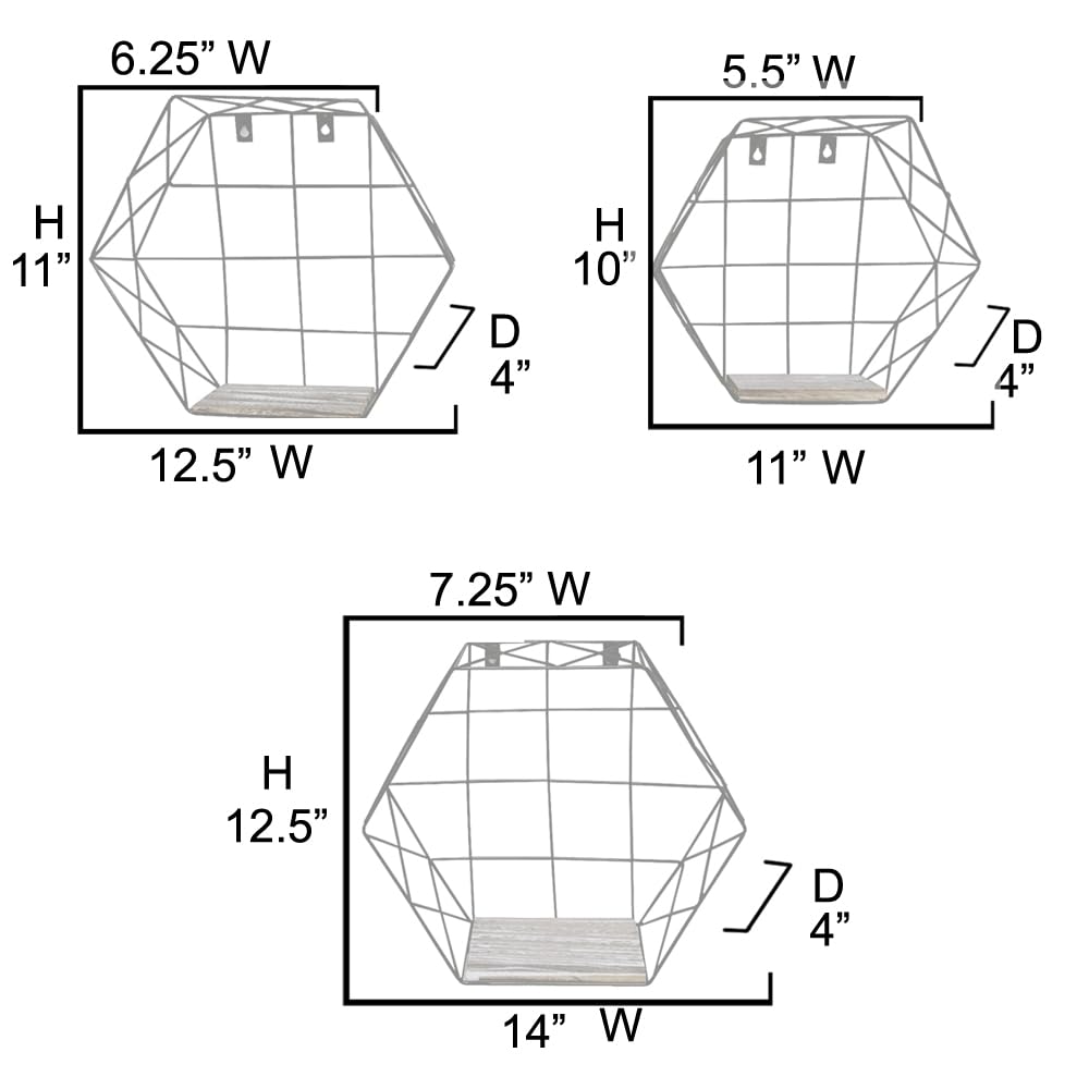 Wall Mounted Shelve Hexagon Shape - Set of 3