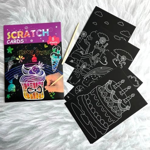 A5 Size DIY 8 Sheet Magic Rainbow Scratch Art Paper Cards Scraping Drawing with Stick Unruled Plain 20 x 14 cm 50 GSM Drawing Paper (Pack of 1)