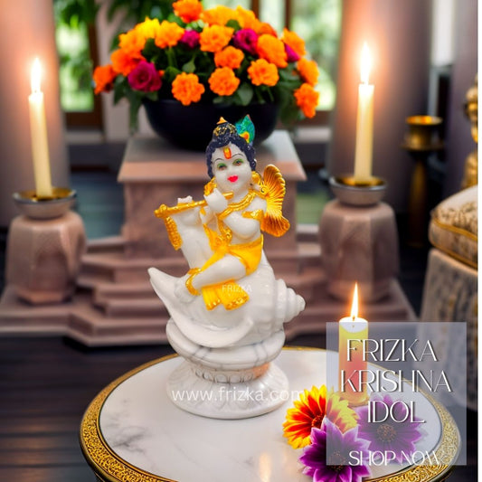 Frizka Shankh Krishna Idol Sitting On Conch Shell Playing Flute-Height-5 Inches For Home Decoration-Multicolor-Marble dust Idols & Figurines