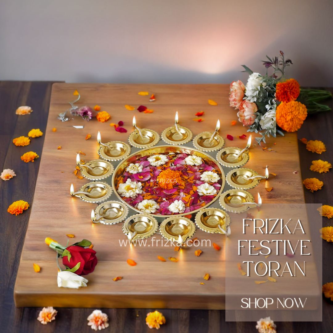 Frizka Premium Diya Shape Gold Plated Decorative Urli Bowl with Wax Candle for Home Decor Handcrafted Bowl Floating Flowers and Tea Light Candles for Diwali Decoration Items (14.17 Inches) - 1 Piece