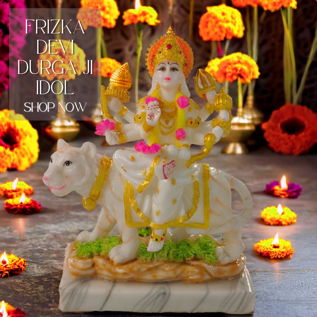 Frizka Marble Dust Ambe Maa Idol Statue | Sherawali MATA Idol, Decorative Showpiece (Marble, White)