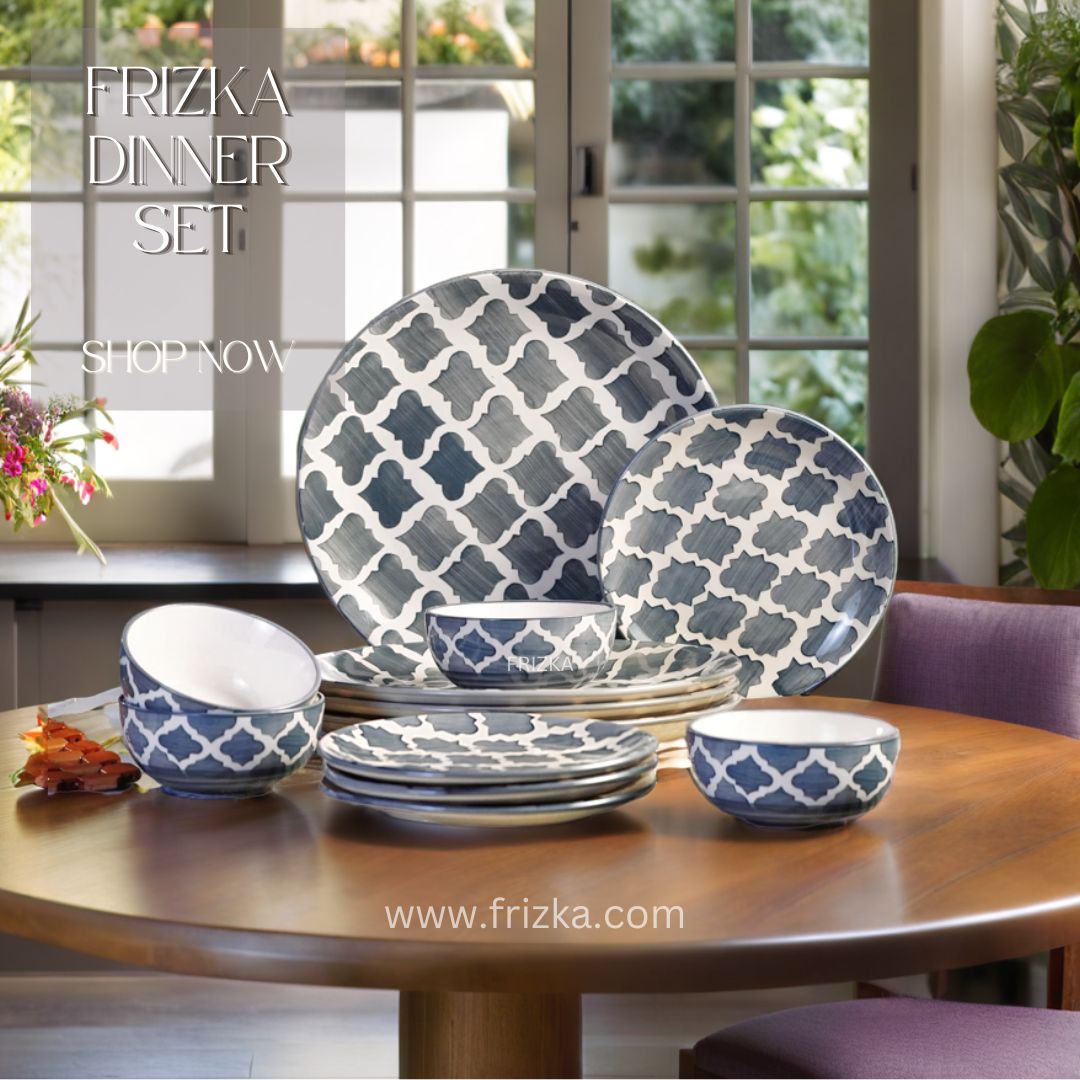 Frizka Moroccan Hand-Painted Premium Dinner Set Ceramic 12 Pcs for Family of 4 | 4 Dinner Plates, 4 Side/Quarter Plates & 4 Bowl/katori | Dishwasher & Microwave Safe - Grey