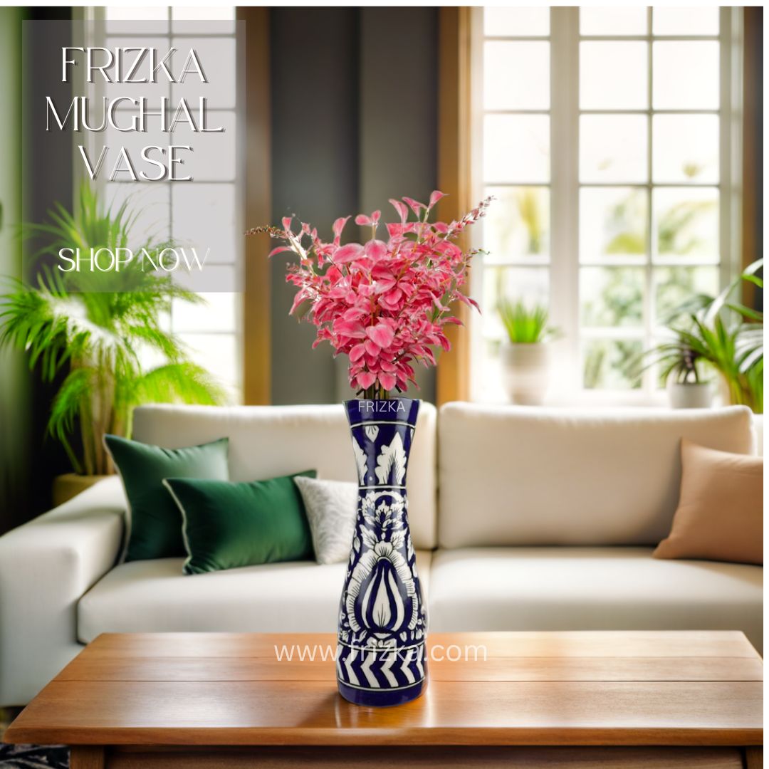 Frizka Ceramic Flower Vase Ceramic Vase Centre Table Decoration Piece Home Decor Showpiece - For Home and Living Room Decor - Hand Painted - 32cm Height - Royal Blue Mughal - Wide Mouth