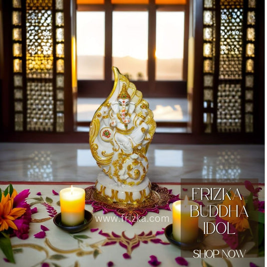 FRIZKA Shankh Ganesha Statue Showpiece God Idols for Gifting Home & Office Decoration Items | Return Gifts Wedding Gifts Welcome Gifts Golden (18 x 13 x 31 CM | Marble Powder Resin