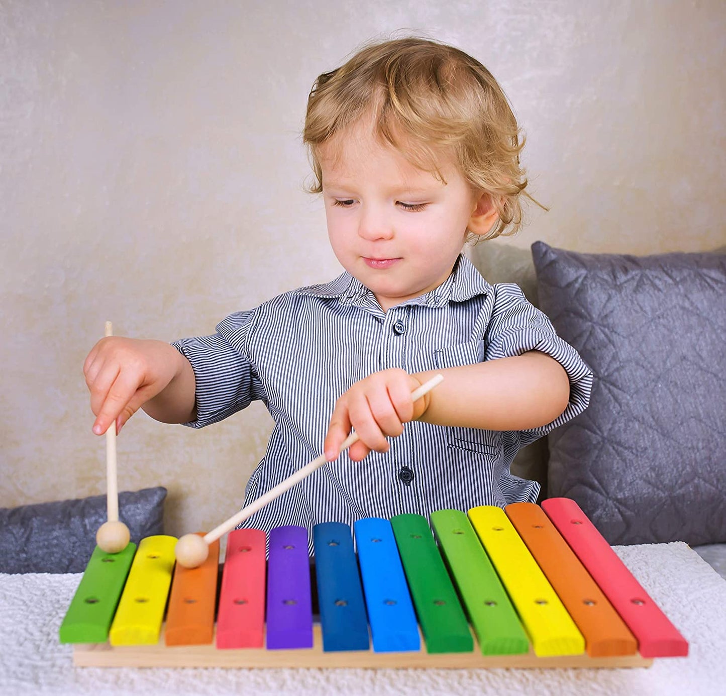 Wooden Rainbow Xylophone with 12 Tones and 2 Playing Clappers