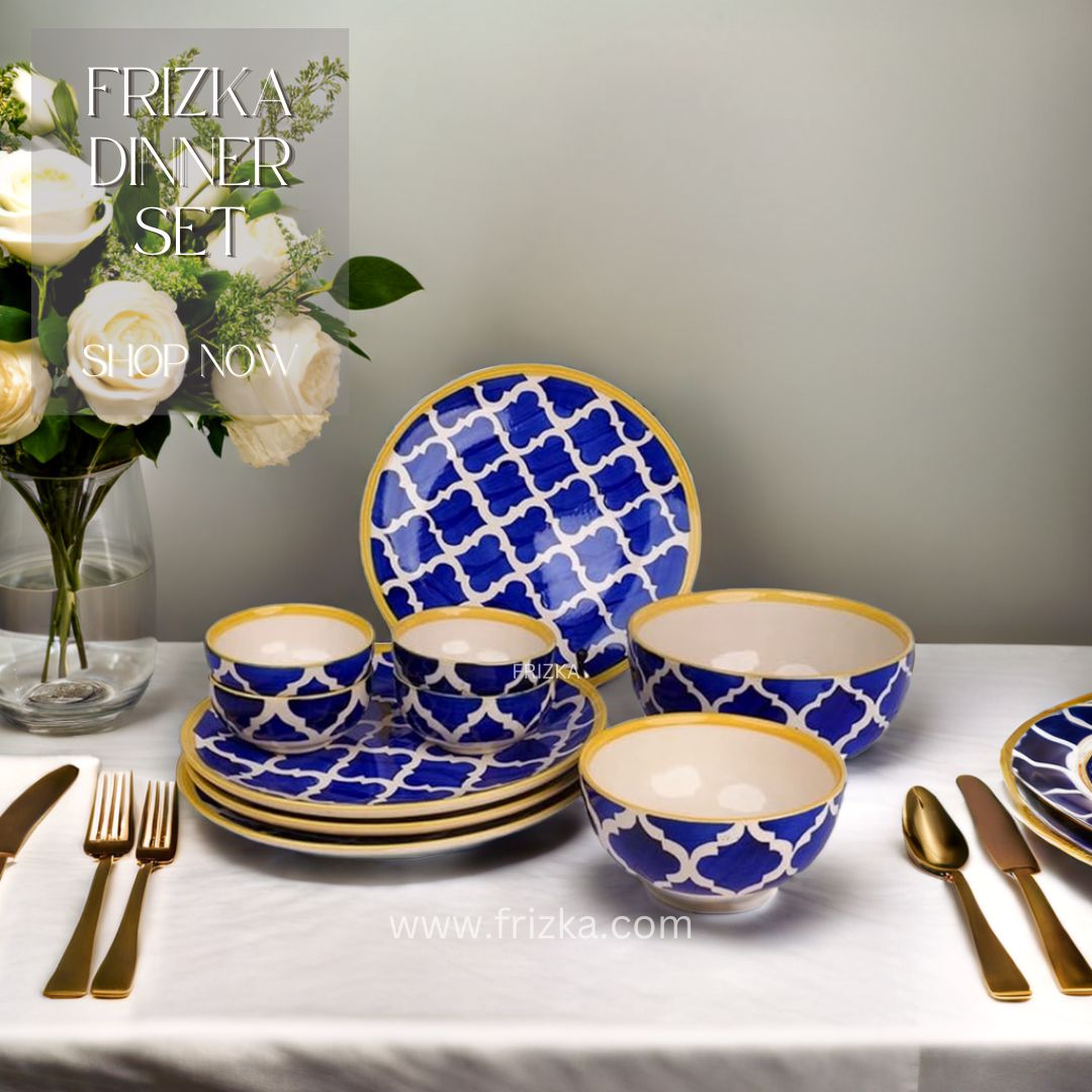 Frizka Pack of 10 Ceramic Handpainted Plates With Katoris & Serving Bowls (Serving for 4) Dinner Set (Multicolor, Microwave Safe)