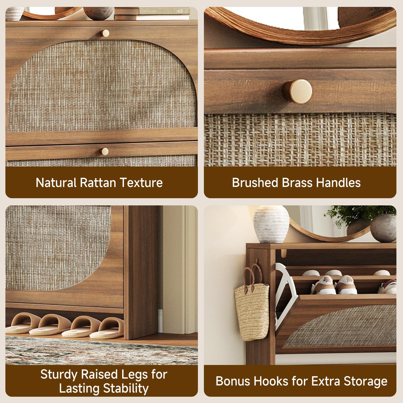 Arched Rattan Entryway Cabinet with Pull-Out Drawers and 3-Tier Adjustable Shoe Rack for Hallway and Foyer