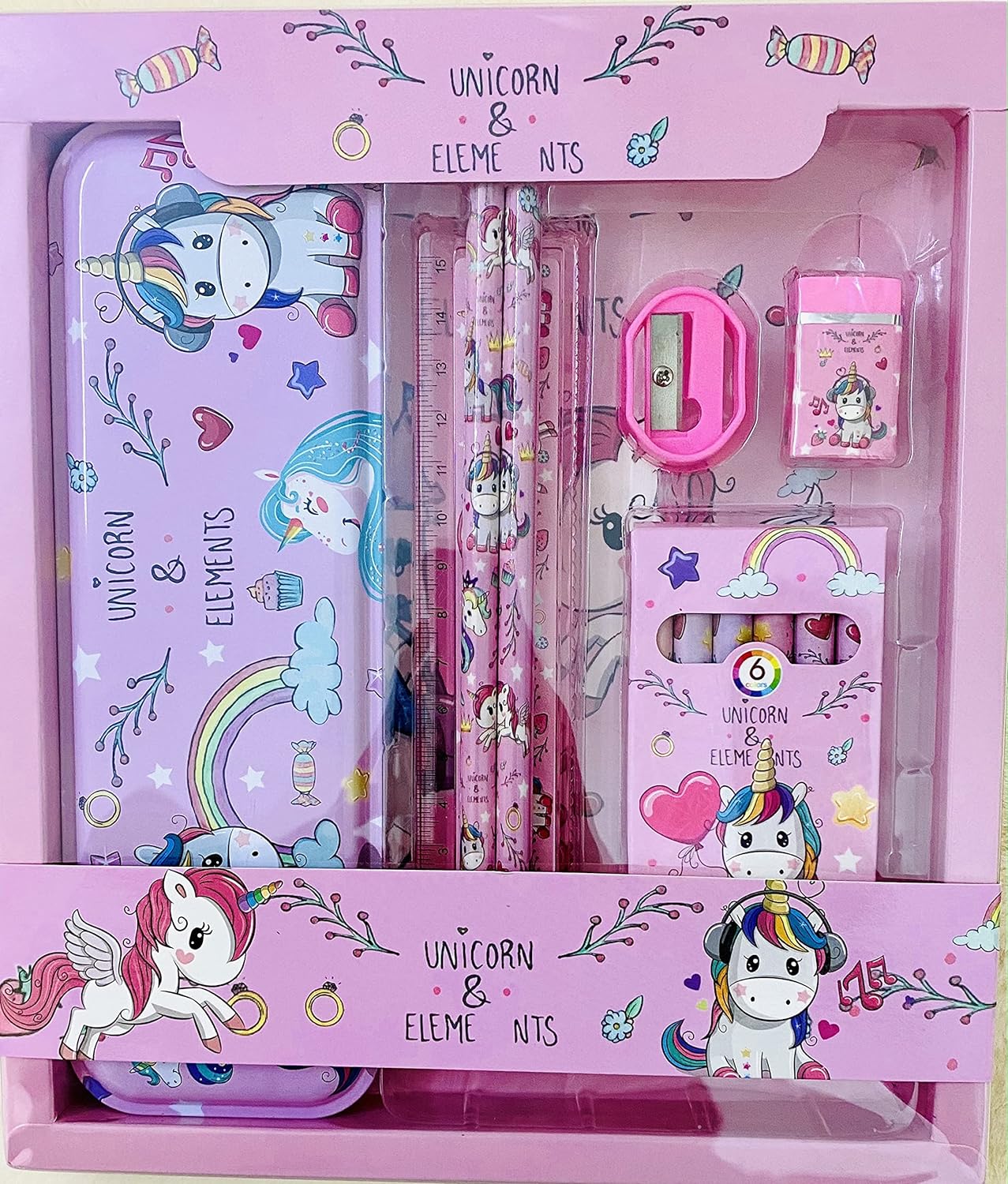 Trendy Decent Latest Theme Girls unicorn Theme Imported Pencil Box Set Stationery Combo Metal Geometry Pencil Box 1 Ruler Scale Pencil Sharpner Eraser 2 pencils & 6 Crayon Colors Set