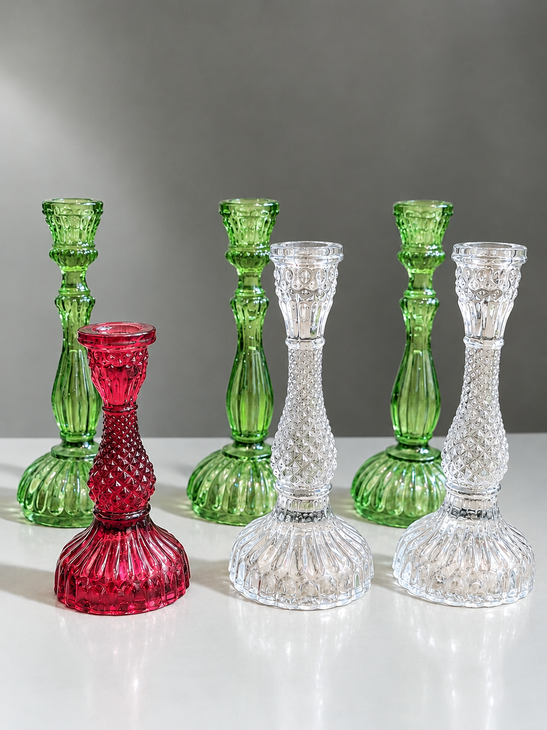 Elegant Ruby Red Glass Candle Holders with Intricate Cutwork – Set of 2