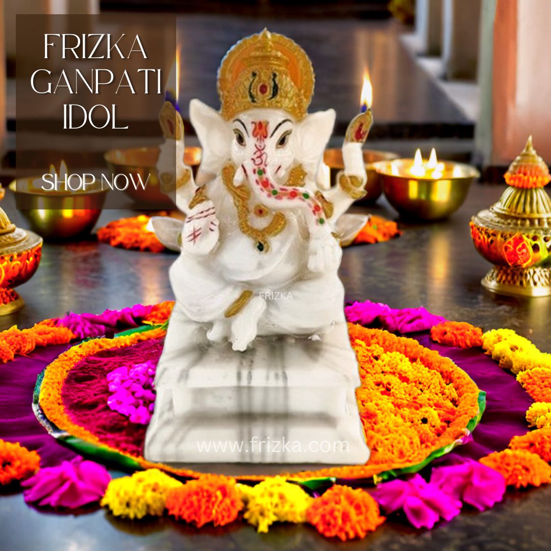 Frizka Marble Dust Ganesha Ganpati Vinayaka Idol Statue Ganesh ji Murti for Pooja Room, Living Room Home Office Decor Gifting Item (White, 5.5 inch Height)