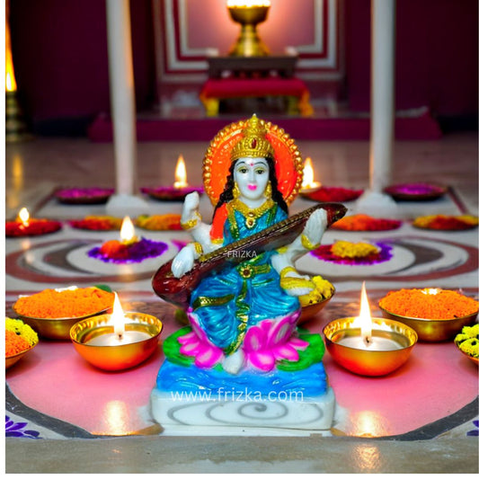 Frizka Saraswati Marble Statue Murti for Pooja Room Idols Home Decor Decorative Showpiece - 6.5 cm height