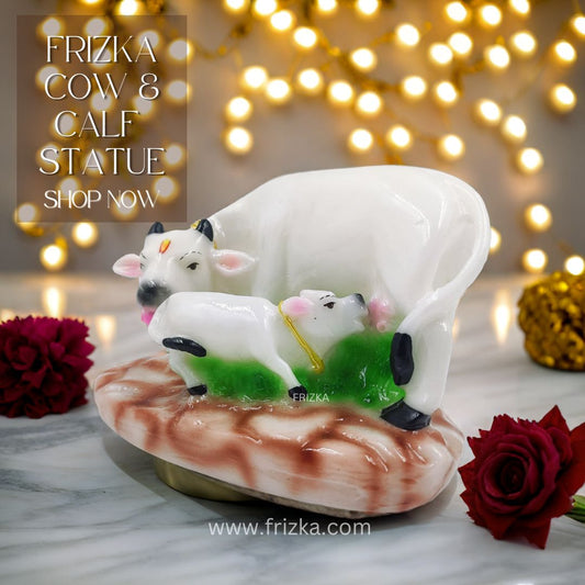 Frizka Kamdhenu Cow and Calf Statue/Idol for Gift Home Decor Decorative Showpiece - 12 cm  (Marble, Multicolor)