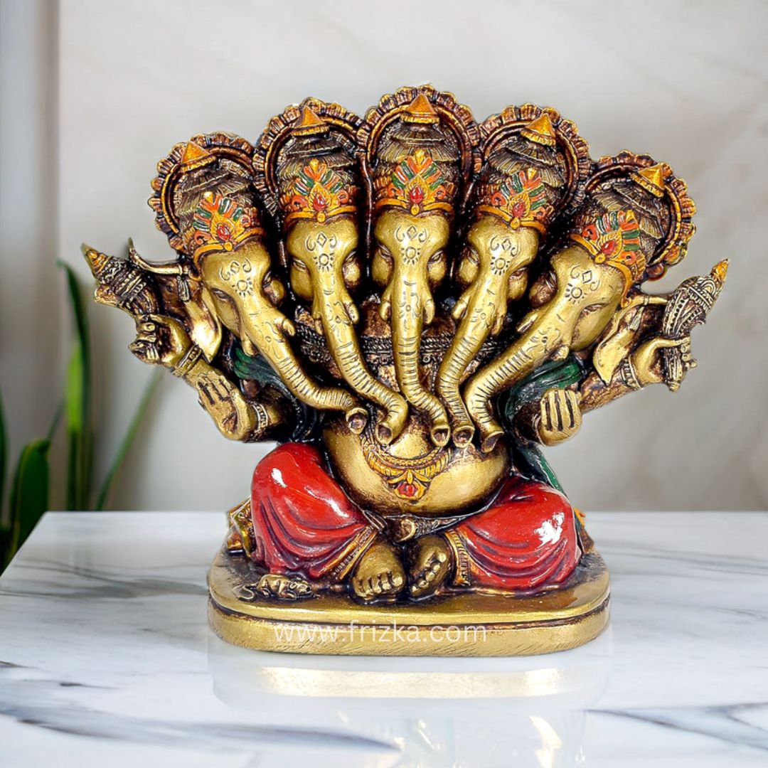 Frizka Handcrafted Panchmukhi Lord Ganesha Hindu God Ganesh Ganpati Idol Figurine for Home Office House Warming Statue Murti for Decoration and Pooja Gifting Purpose Sculpture