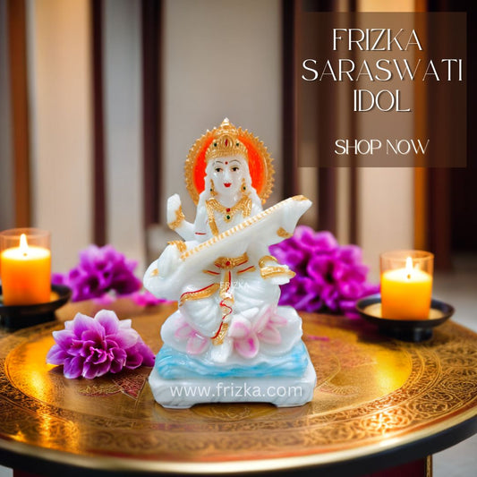 FRIZKA Saraswati mata Idol murti cultured marble Stone for home temple mandir Ghar Pooja Saraswati Statue Office Gift Statue- 7 Inch