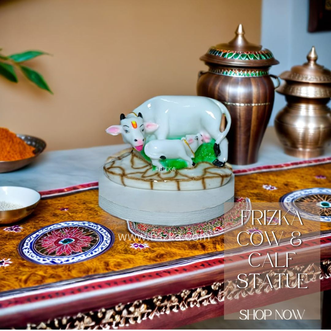 Frizka Kamdhenu Cow and Calf Statue/Idol for Gift Home Decor Decorative Showpiece - 12 cm (Marble, Multicolor)