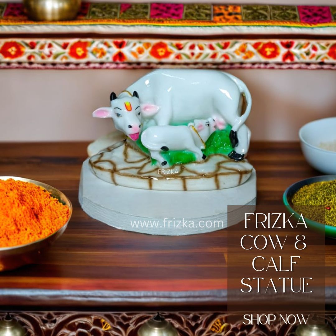 Frizka Kamdhenu Cow and Calf Statue/Idol for Gift Home Decor Decorative Showpiece - 12 cm (Marble, Multicolor)