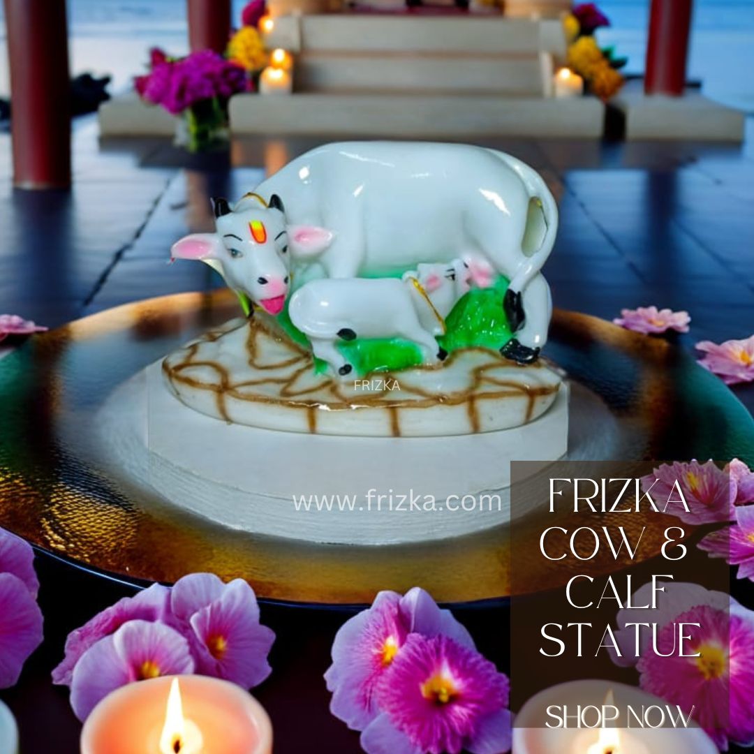 Frizka Kamdhenu Cow and Calf Statue/Idol for Gift Home Decor Decorative Showpiece - 12 cm (Marble, Multicolor)