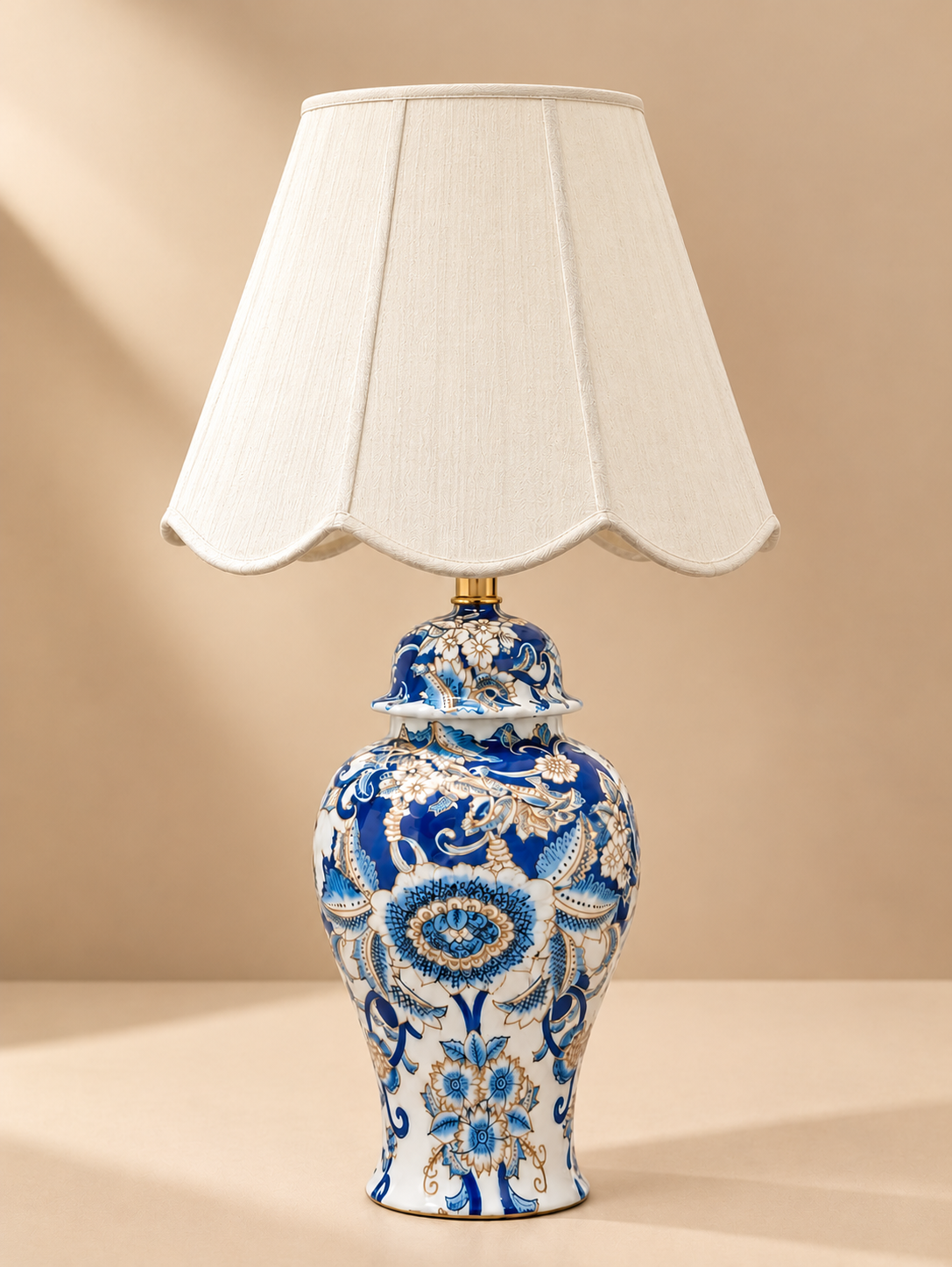 Blue & White Floral Ceramic Table Lamp with Scalloped Fabric Shade