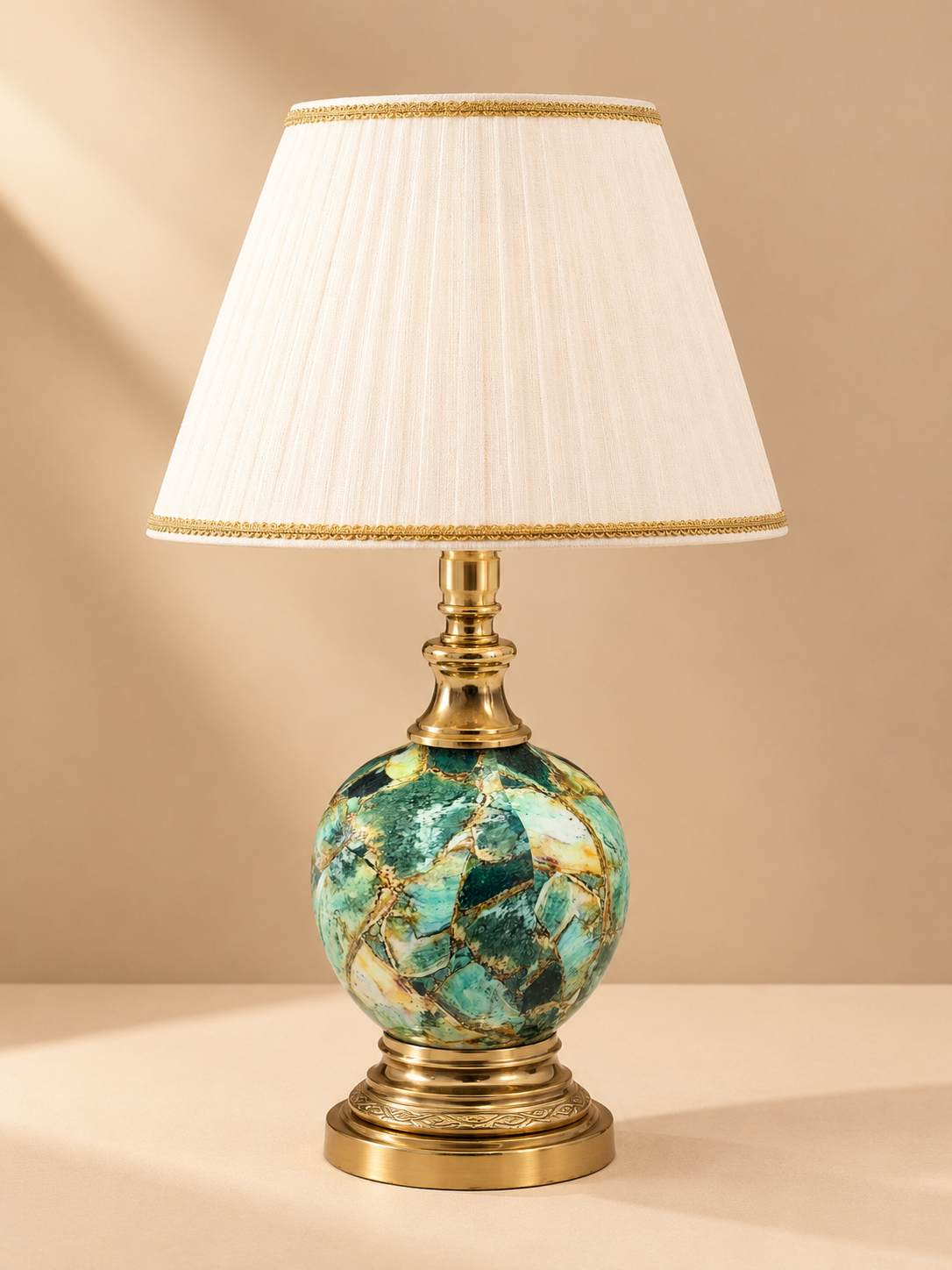 Floral Ceramic Table Lamp with Gold Finish & Pleated Shade