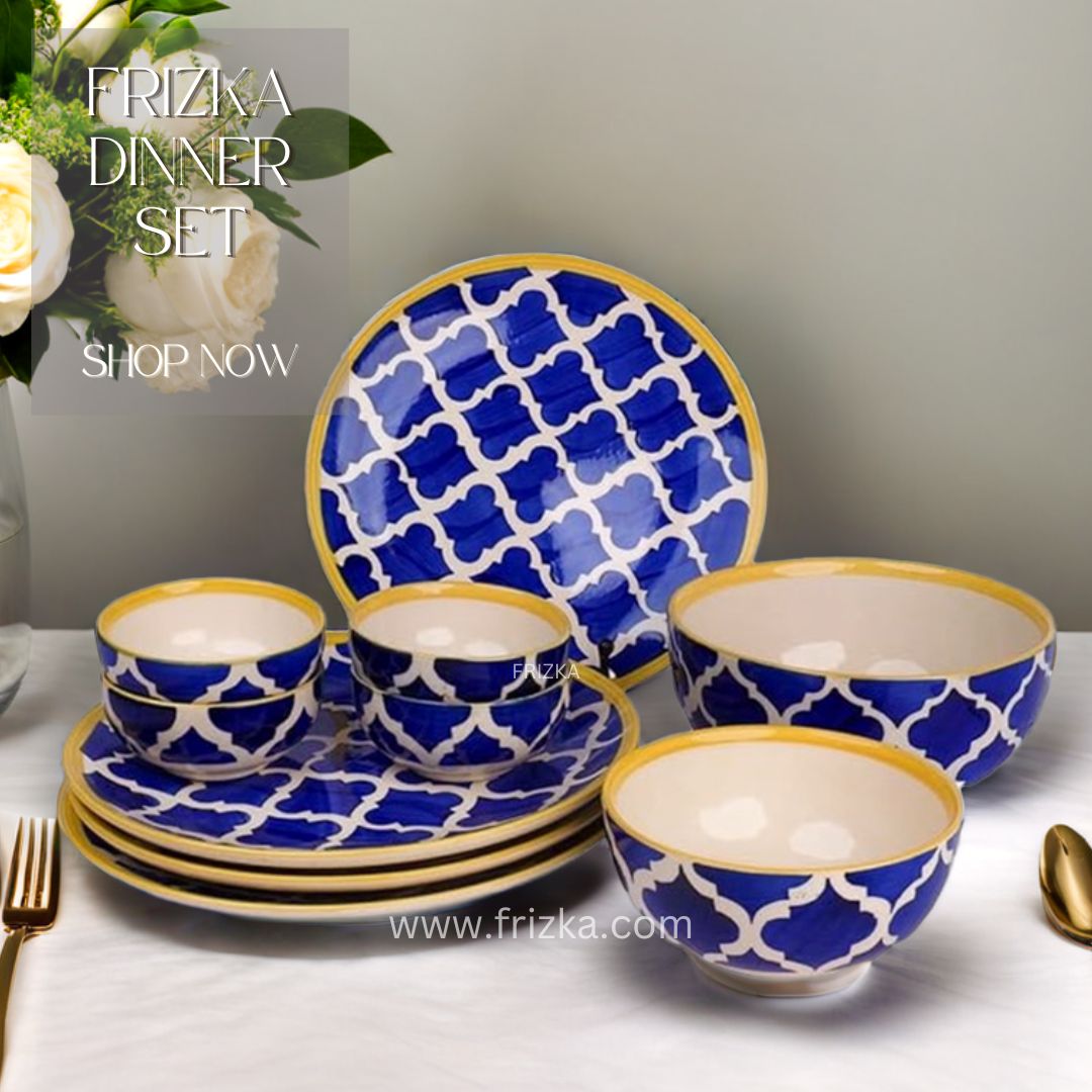Frizka Pack of 10 Ceramic Handpainted Plates With Katoris & Serving Bowls (Serving for 4) Dinner Set (Multicolor, Microwave Safe)