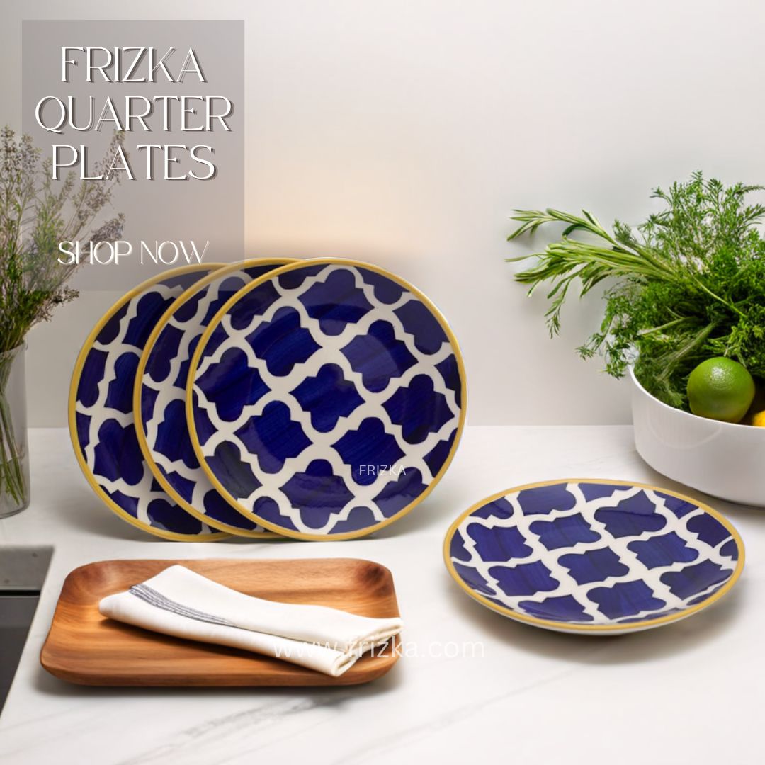 Frizka Moroccan Hand-Painted Premium Quarter Plates Ceramic 4 Pcs for Family of 4 | 4 Side/Quarter Plates | Dishwasher & Microwave Safe - Blue