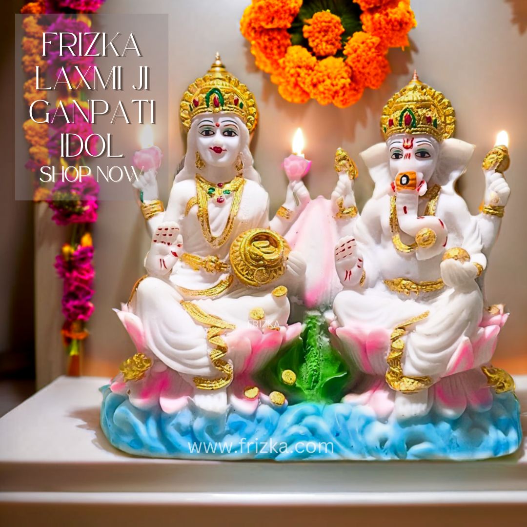 Frizka Laxmi Ganpati Marble Dust Idol/Statue, 20 cm height, Pink and White